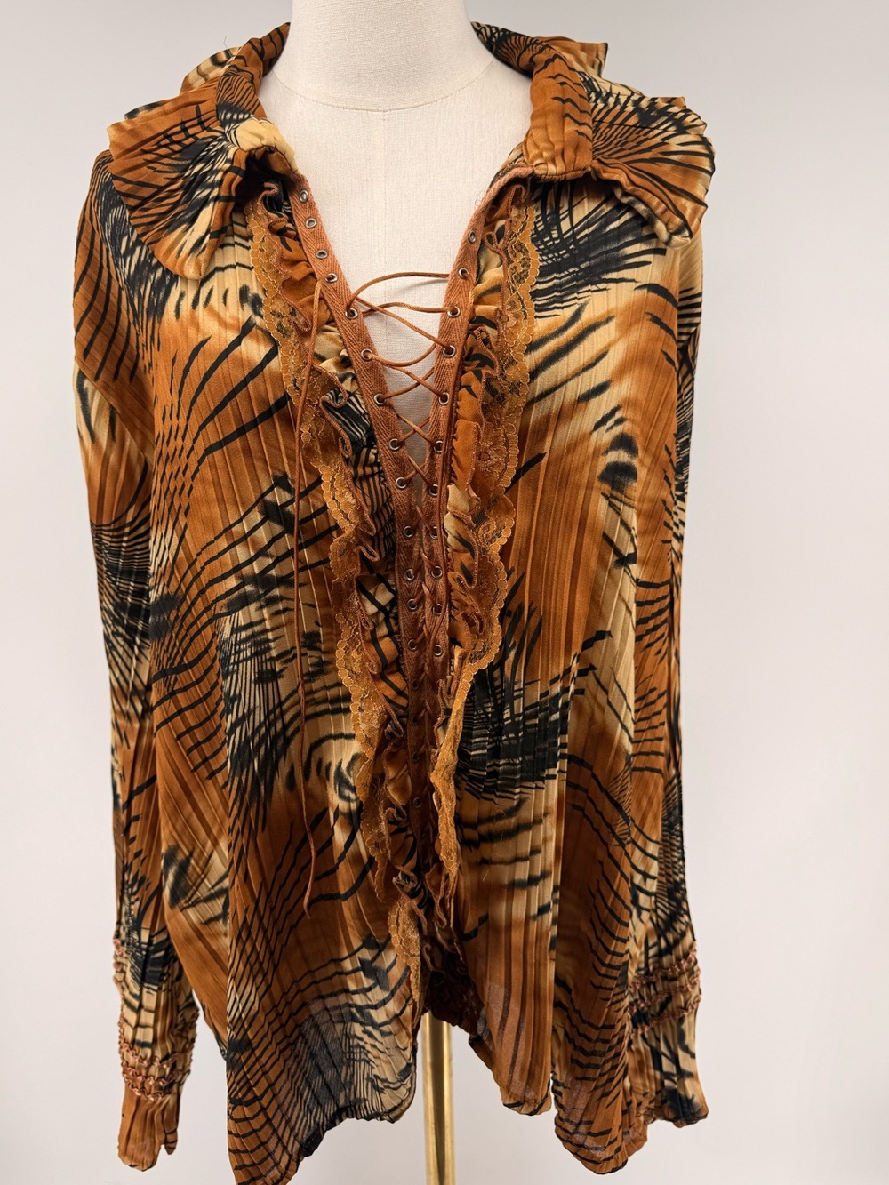 Y2K Animal Print Plus Size Lace Up Corset Tunic Blouse Jennifer Lloyd 2X Tiger